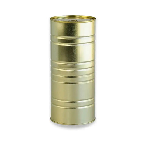Gold cylindrical tin canister with ribbed design and lid for Terra Ross Black Truffle Carpaccio