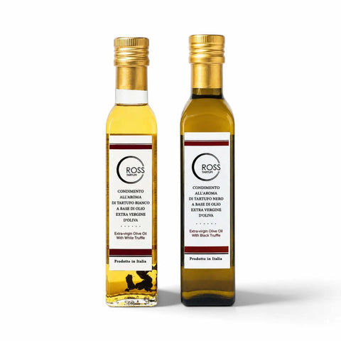 Duas garrafas 250 ml de azeite Terra Ross com sabor de trufa preta e branca