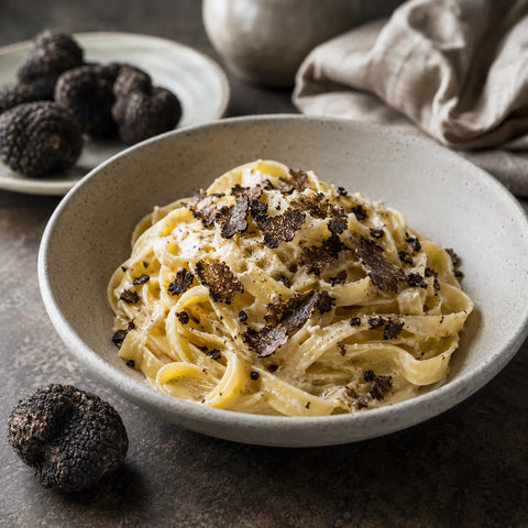 Frossen Tuber melanosporum servert over kremet pasta i en raffinert kulinarisk presentasjon