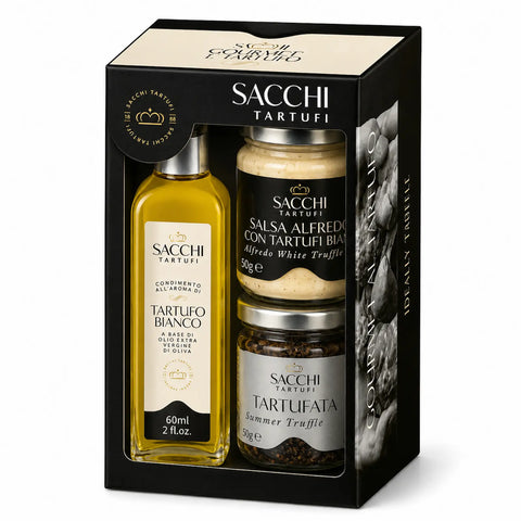 Caixa de presente Trio Gourmet contendo Tartufata, molho Alfredo de trufas brancas e azeite aromatizado com trufas brancas