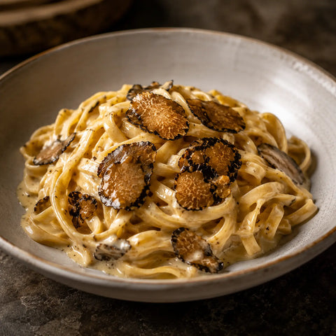 Tuber aestivum Plakjes zomertruffelcarpaccio geserveerd over romige tagliatelle