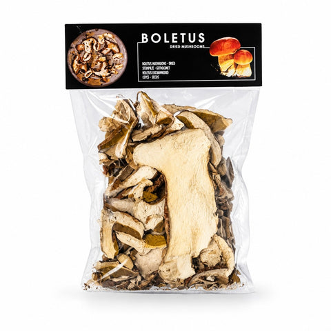 Sušené divoké hřiby Terra Ross v průhledném plastovém sáčku s černou etiketou s logem boletus