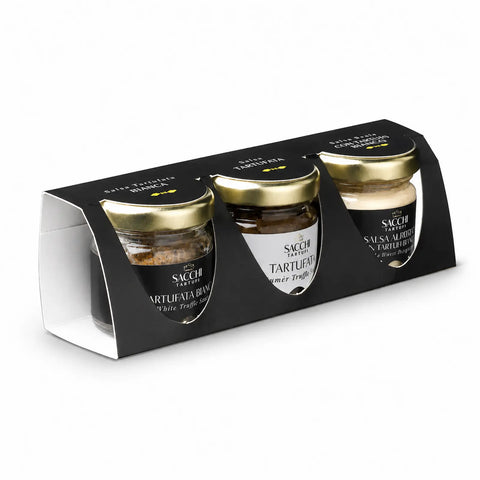 Caixa de presente trilogia contendo Tartufata Branca, Tartufata Negra e molho Alfredo de trufas brancas em três potes 30 g