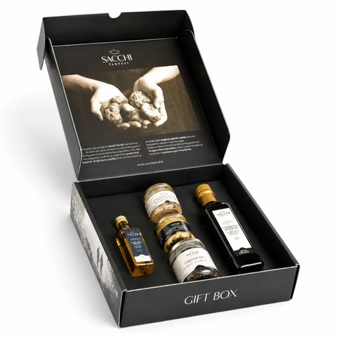 Caixa de presente personalizada com trufas contendo cinco produtos italianos com sabor de trufas brancas e pretas