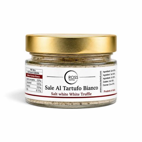 Sal de trufa branca com pedaços de trufa em frasco de vidro 120 g com tampa dourada